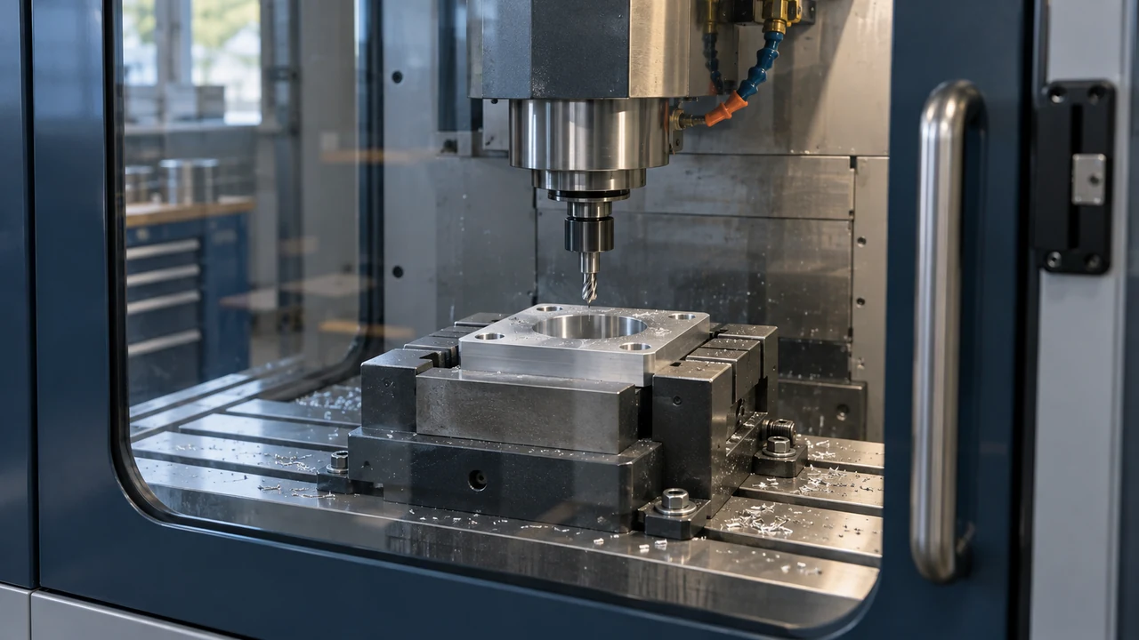 Enclosed CNC machining workspace with a component secured for machining