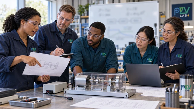 Illustration of engineers developing and reviewing a prototype