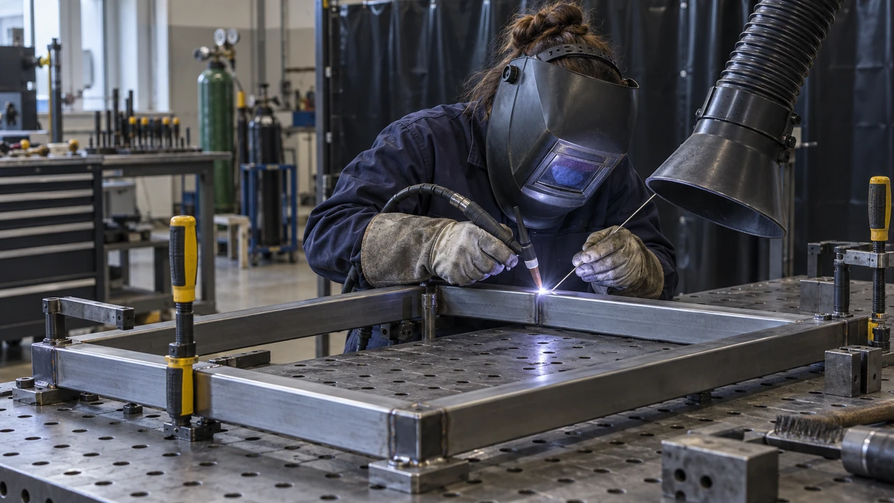 Fabrication workspace with a protected welder joining a metal assembly