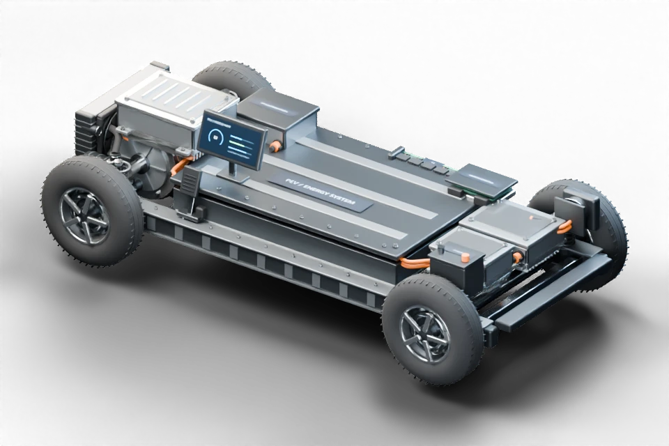Studio-rendered concept of an integrated electric powertrain, with traction battery, drive system and vehicle electronics.