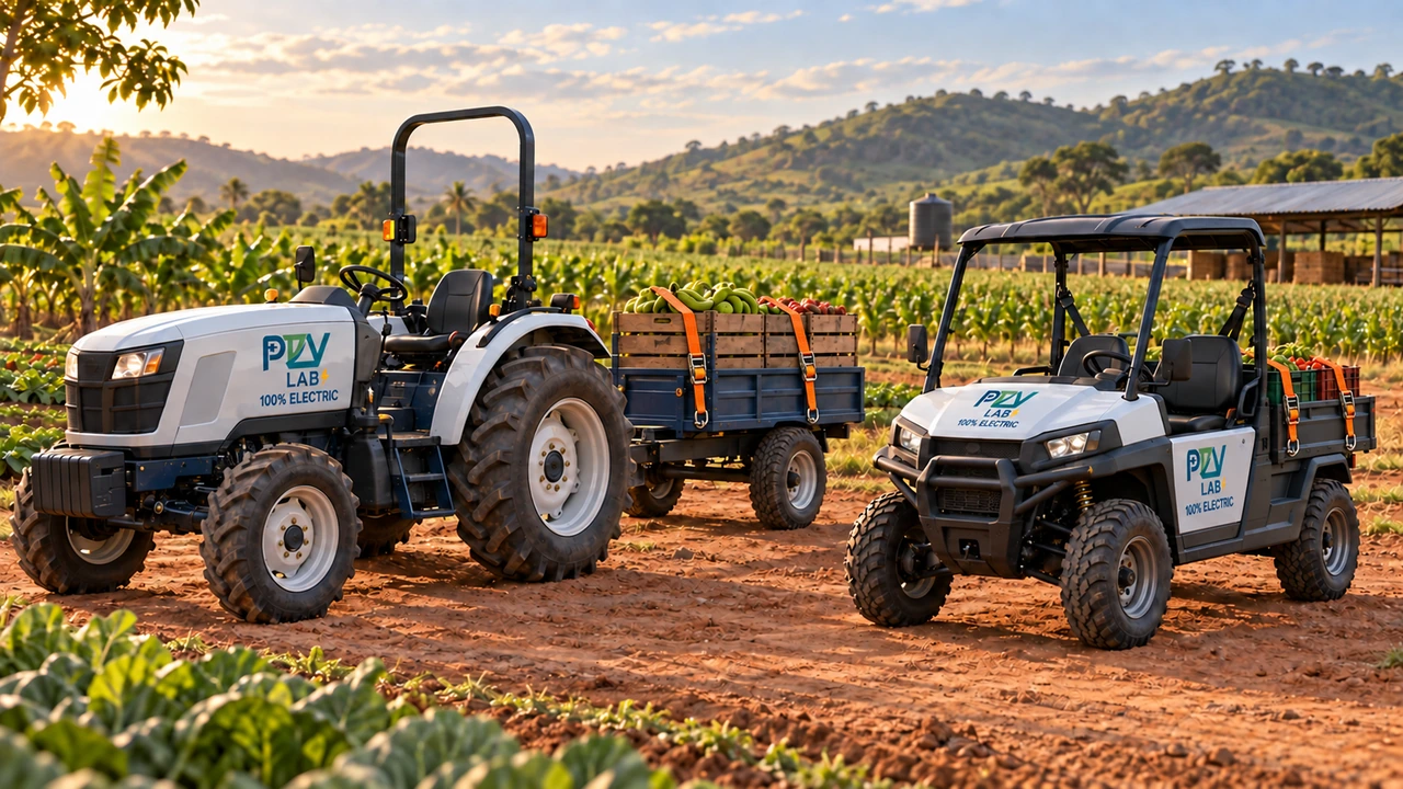 ProDrive EV Labs Ltd electric compact tractor with a harvest trailer and four-wheel agricultural utility carrier on a farm
