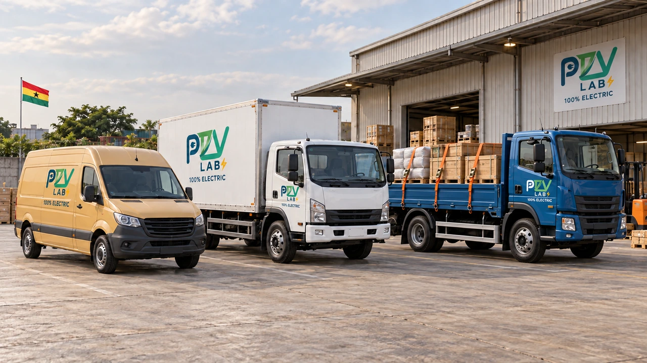 A goods panel van, cab-over enclosed box truck and fixed-bed dropside truck carrying a secured load at a logistics and materials yard