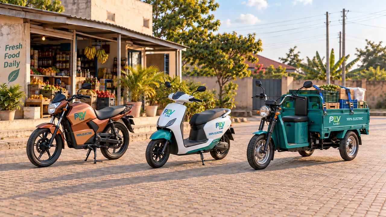 A commuter motorcycle, step-through scooter and three-wheel cargo trike at a neighbourhood delivery stop, with coloured PEV branding and electric markings