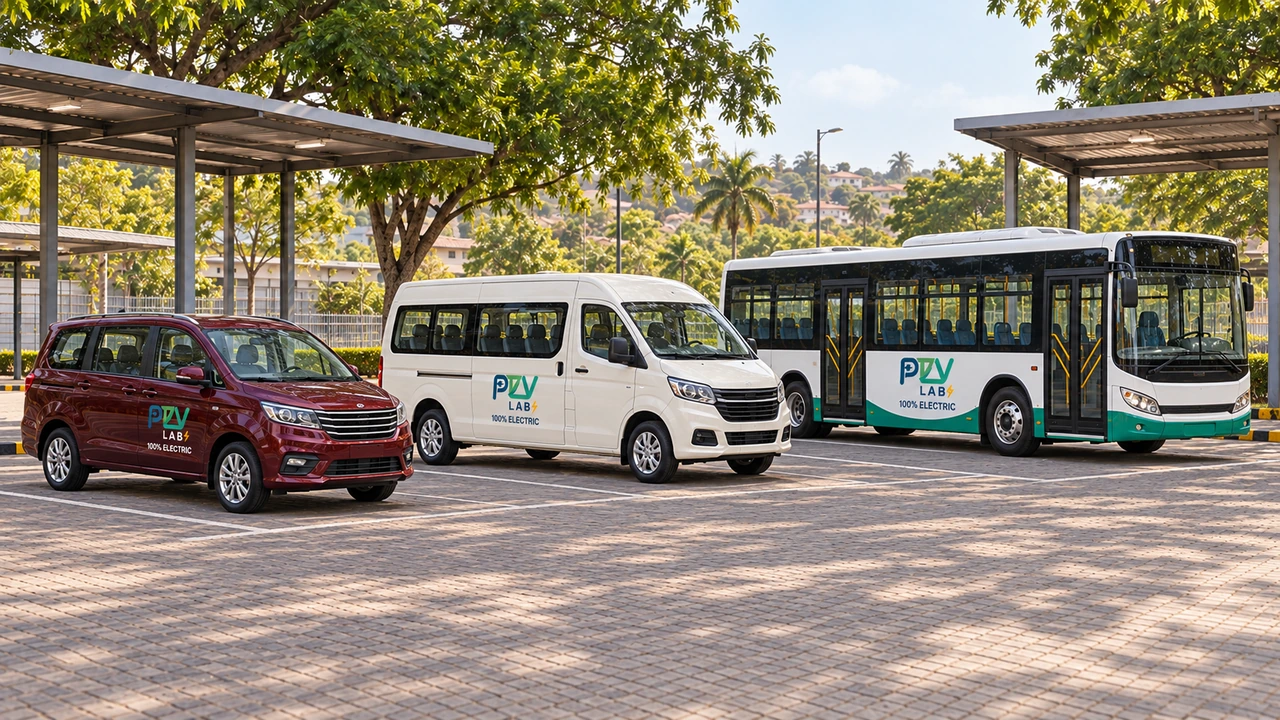 A passenger MPV, windowed minibus and full-size city bus at a shaded passenger transport depot, shown at realistic relative sizes