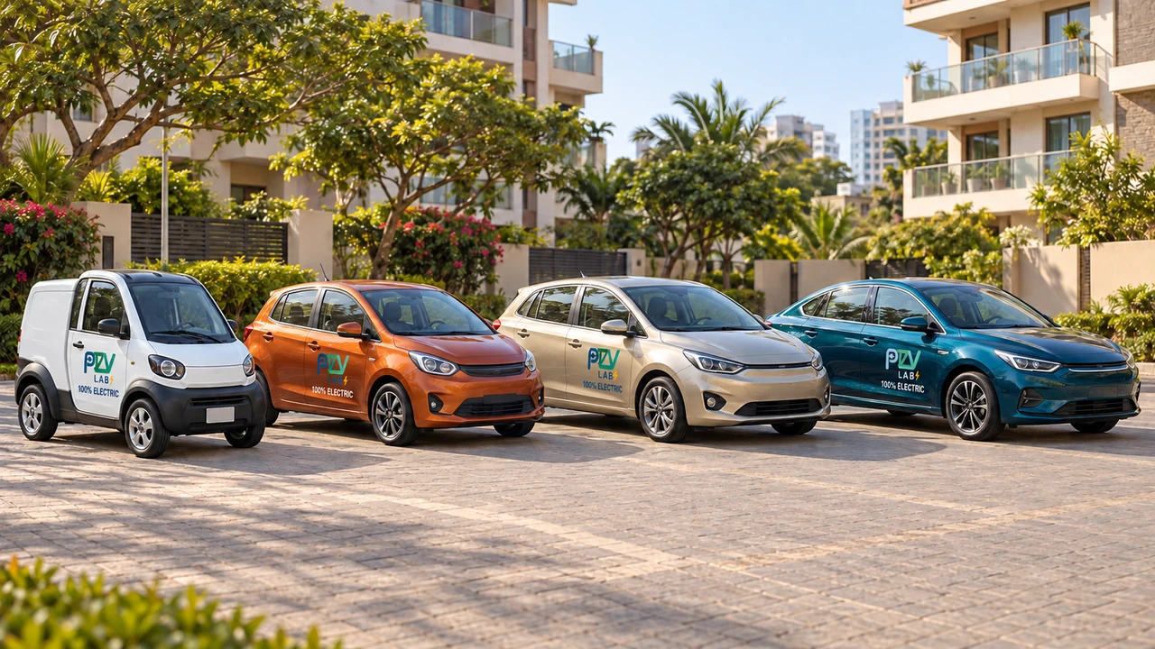 Four normally proportioned vehicles: a compact four-wheel utility microcar, warm-coloured city hatchback, compact hatchback and sedan in an everyday residential setting