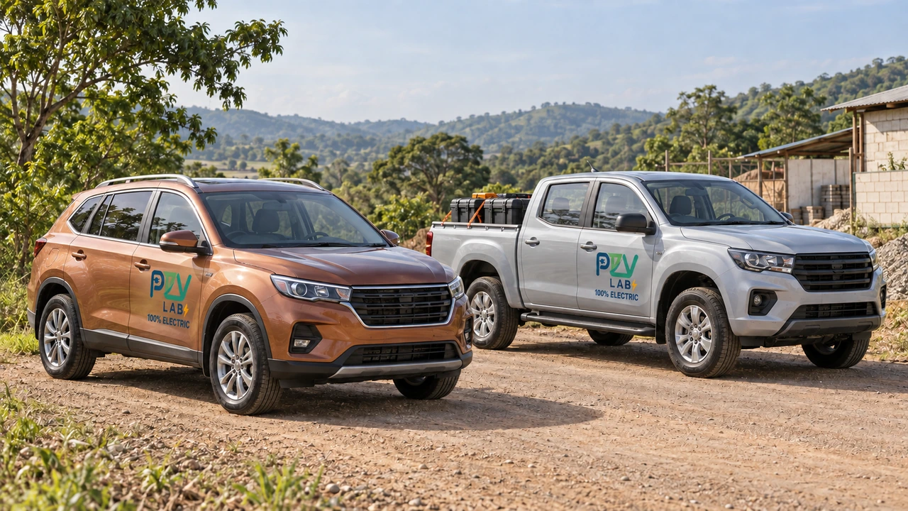 A conventional SUV and double-cab pickup with secured work equipment on a maintained rural access road, with realistic body widths and full-colour PEV branding