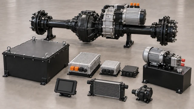 Electric driven rigid axle with two wheel hubs, battery enclosure, auxiliary hydraulic power unit, cooling and rugged driver display