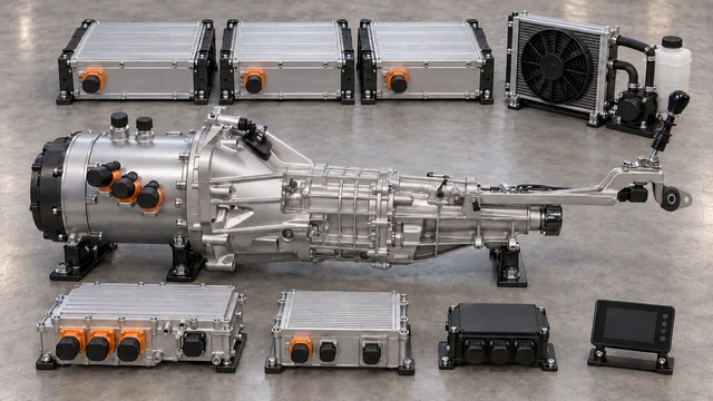 Generic longitudinal conversion concept with motor, adapter, manual gearbox, single rear output and rubber-mounted remote shifter support