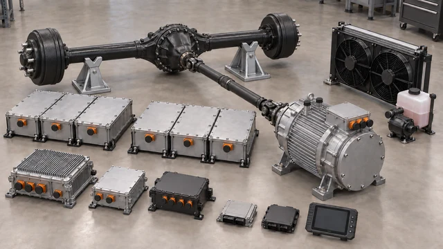 Freight-van conversion concept with a central motor, connected propeller shaft, supported conventional rear axle, modular battery enclosures and dual-fan cooling