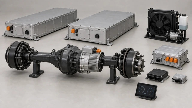 Commercial electric driven axle with two wheel hubs, modular battery enclosures, cooling module and control components