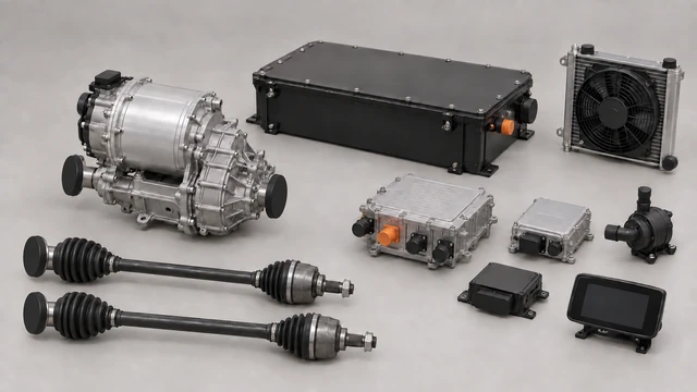 Compact electric transaxle with two capped differential outputs, two CV shafts, battery enclosure and separate cooling and control components