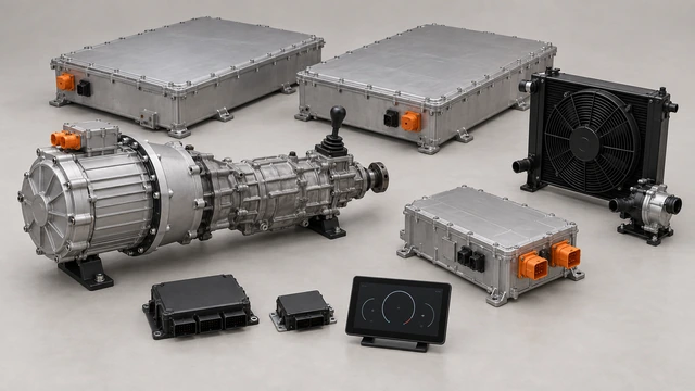 Compact electric motor assembled to a short manual gearbox through a bellhousing adapter, with battery enclosures, cooling and control components