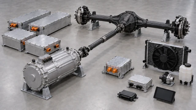 Passenger-van conversion concept with a central motor connected through a jointed propeller shaft to a conventional rear differential axle