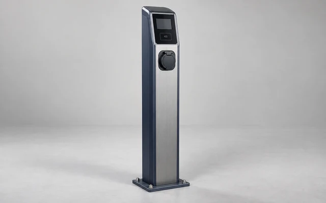 Commercial AC charging pedestal with a closed socket cover