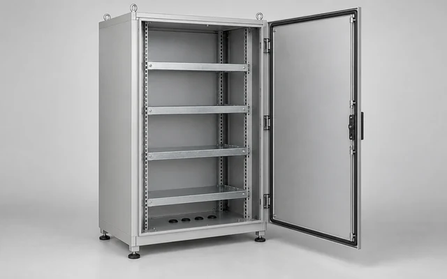 Empty battery rack enclosure with open gasketed door and mounting rails