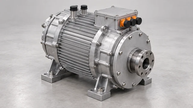 Central motor concept with one mechanical output flange, capped electrical interfaces and separate coolant ports.
