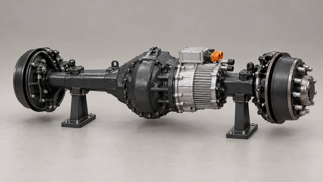 Commercial rigid electric axle with two wheel hubs, brake interfaces and an integrated drive
