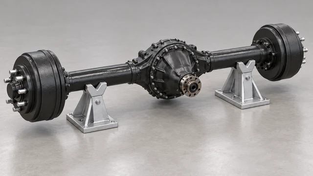 Conventional mechanical rear axle concept with one pinion input, differential, axle tubes and wheel-end drum brakes; no motor is integrated.