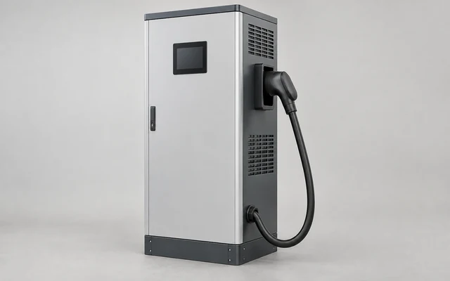 DC charging cabinet with one heavy cable and covered holstered connector