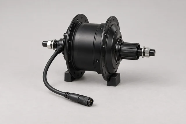 Compact geared bicycle wheel-hub motor with axle and connector interfaces