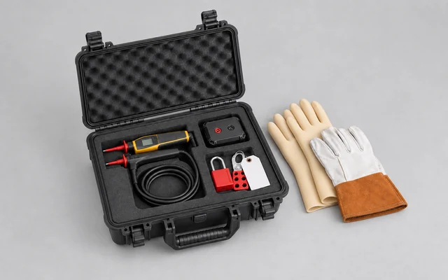 Open isolation-equipment case with two-pole tester, proving unit, lockout hardware and gloves