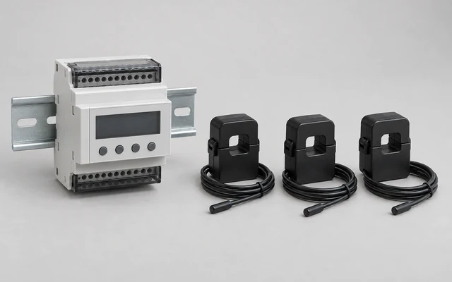 DIN-rail load controller beside three separate current sensors