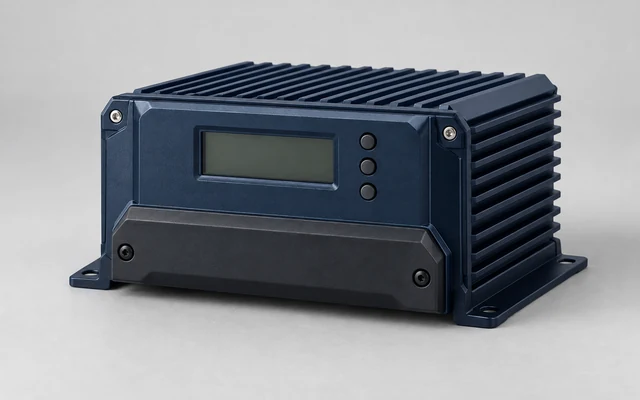 Finned solar charge controller with a closed terminal cover