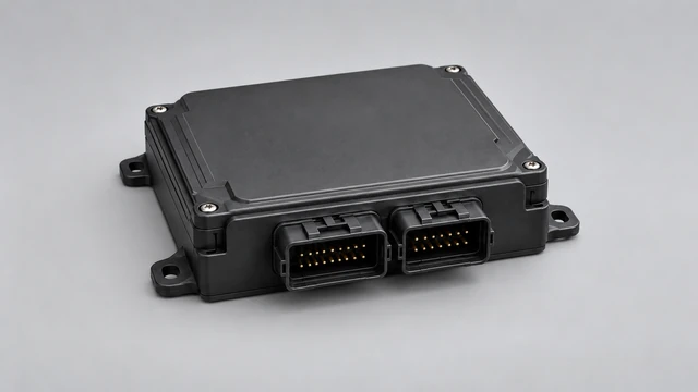 Illustrative compact automotive body control enclosure with two recessed multipin connector receptacles