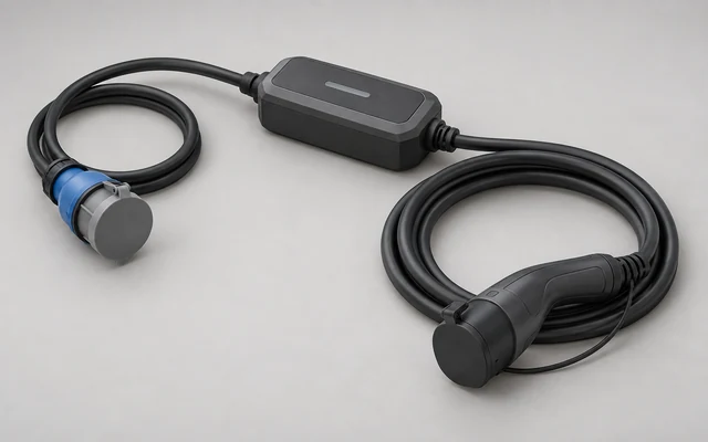 Portable charging control box with capped supply and vehicle connectors