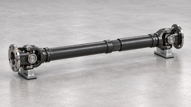 Propeller shaft concept with flange-mounted universal joints and a sliding splined section; exposed splines illustrate the mechanism, not an approved installed engagement or seal.