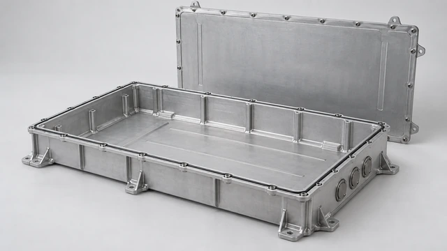 Vehicle battery enclosure showing its lid, mounting flanges and protected cable interfaces