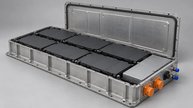Vehicle battery pack with lid open, covered modules and capped external interfaces