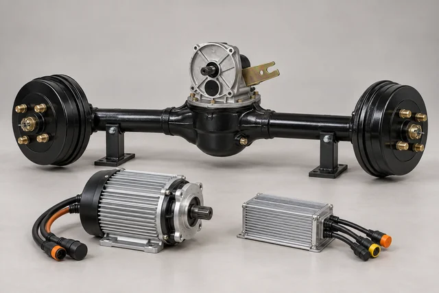 Tricycle axle and reduction assembly with separate motor and controller components for engineering assessment