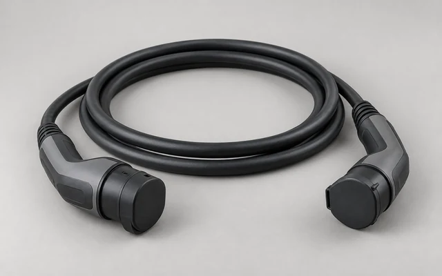 Coiled AC charging cable with two covered connector ends