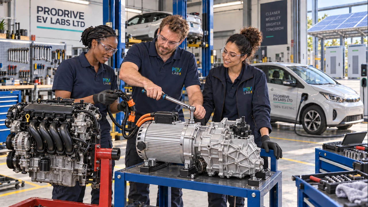 Engineers preparing a supported electric motor and gearbox beside a removed combustion engine, with a charging vehicle and energy systems in the workshop