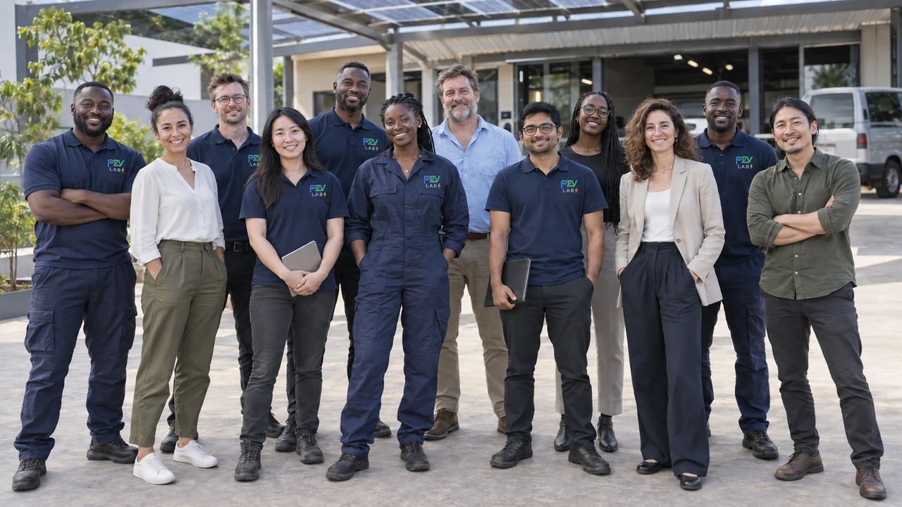 A diverse group in workshop uniforms and office attire