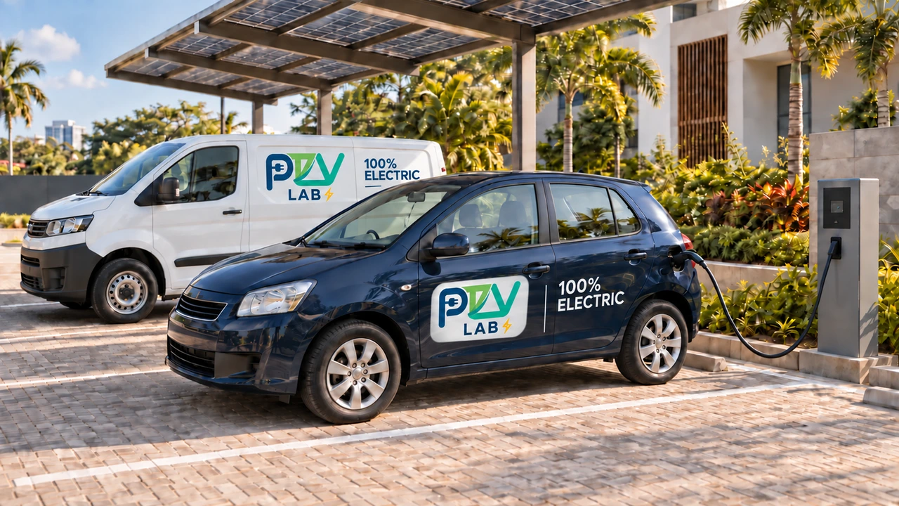 ProDrive EV Labs Ltd hatchback and van marked 100% Electric at a charging installation