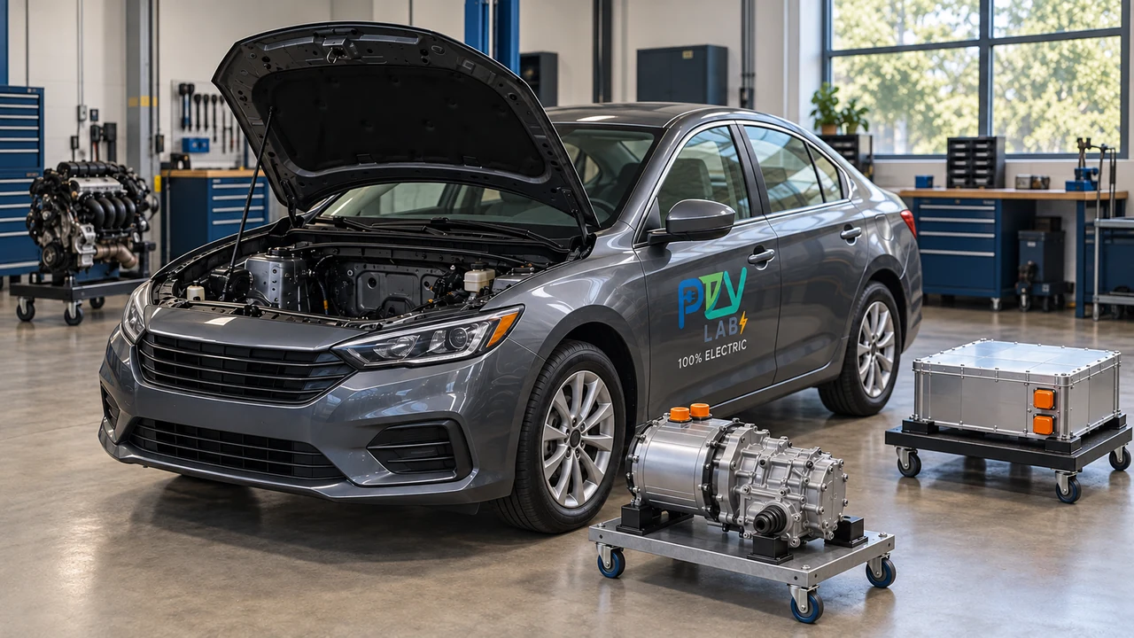 Conversion workshop illustration with an empty engine bay, a supported electric drivetrain and a separate battery enclosure