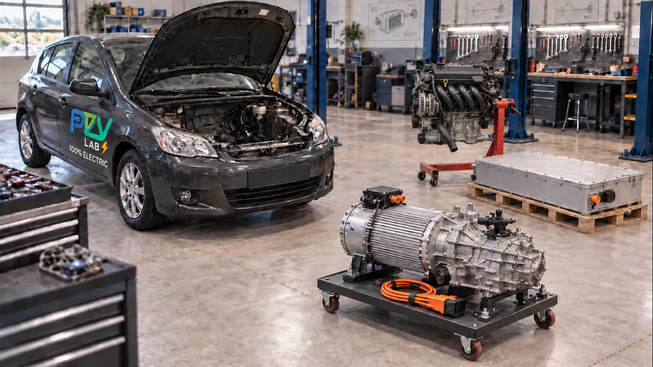 ProDrive EV Labs Ltd conversion vehicle beside its removed petrol engine, an assembled electric motor and retained gearbox on a supported trolley, and a battery enclosure prepared for installation